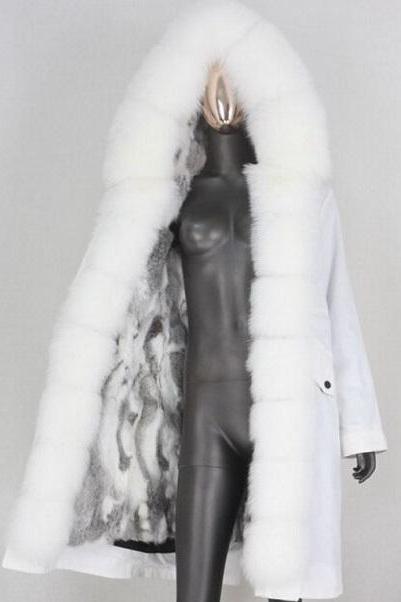 Rsslyn Luxury White Parka for Women Free Designer Brooch Double Soft Real Fox Fur Warmer Thicker Fur Lining
