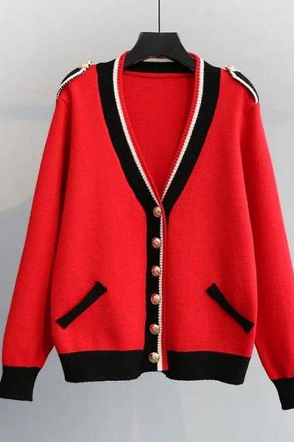 Rsslyn Women's Red Sweater with Shoulder Buckle High-Quality Red Cardigan for Women with Golden Buttons