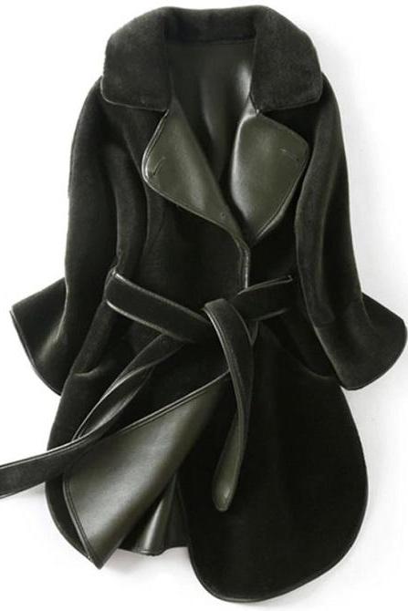 Rsslyn 2-Sided Reversible Dark Green Leather Coats Sheepskin Leather Jacket for Women Silver Free Designer Brooch