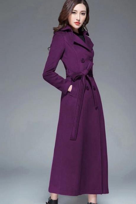 RssLyn Long Overcoats Purple Trench Coats with Free Designer Brooch Double Breasted Wool Coats for Women