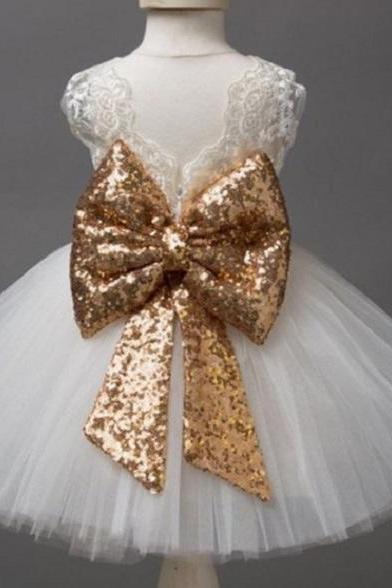 Rsslyn Christening White Baby Dress and White Headband-Detachable Golden Bow