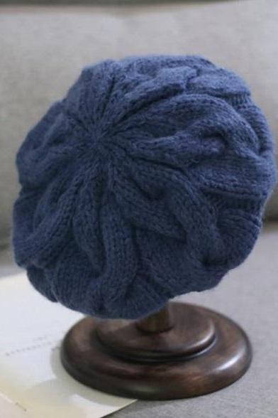 Rsslyn Wool Navy Blue Berets Zigzag Pattern Beanies Knitted Hats for Women