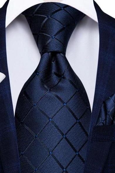 Rsslyn Large Mens Tie 100% Silk Navy Blue Hanky Cufflinks Set Ties for Men Luxury Business Neckties