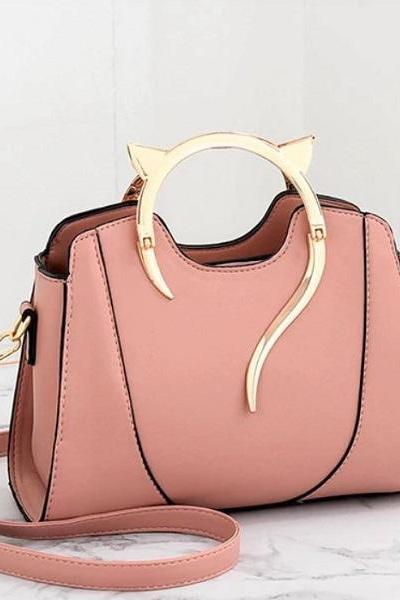 Rsslyn Pink Purse for Women Solid Bags Pink Leather Handbags Golden Cat Handle High-quality Purses for Women