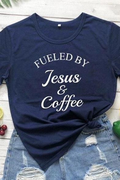 Rsslyn Casual Shirts Fueled by Jesus and Coffee Short Sleeves Navy Blue Shirts Basic Tees for Women Cotton Outfit