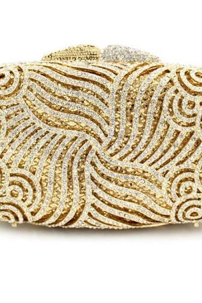 Rsslyn Womens Evening Purse Spiral Pattern Golden Clutch with FREE Designer Brooch