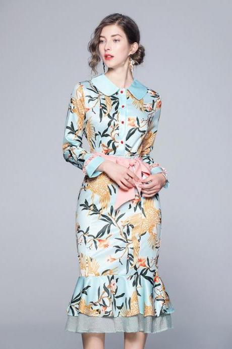 Bird Pattern Dress for Women-Mintgreen Mermaid Dress-Mint Ruffles Midi Mermaid Dress