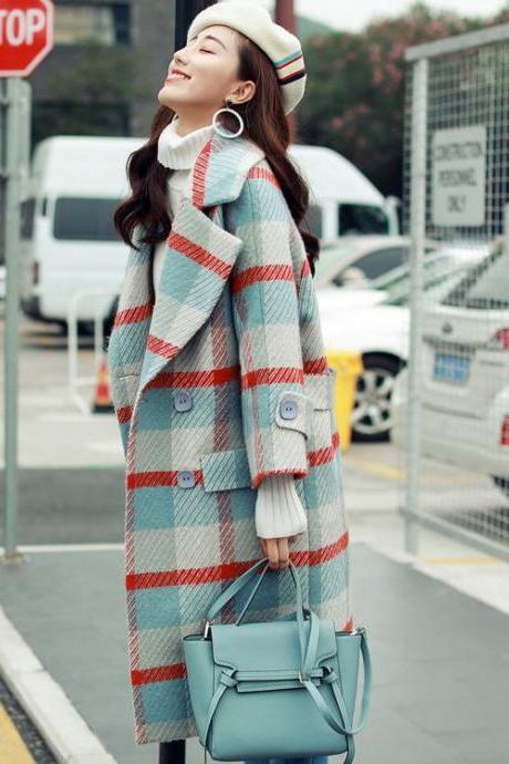 Blue Long Blazers Winter Coats for Women Plaid Plus Sizes 3XL,4XL,5XL,6XL