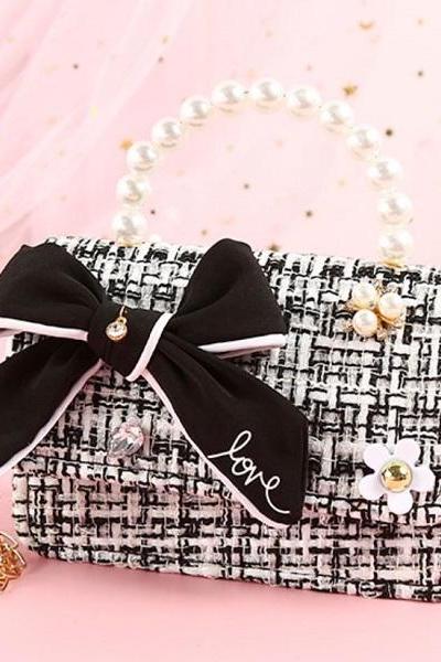 Rsslyn Cute Girls Bags Birthday Party Gift with Matching Headband Black Tote Bags with Big Bow