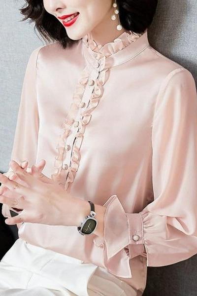 Rsslyn Fashion Ruffled Pink Elegant Chiffon Blouses for Women-Rich Pink Long Sleeve Blouses