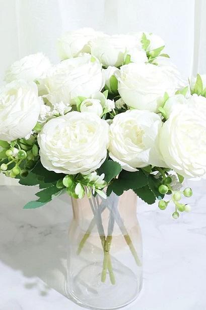 Rsslyn 5 Heads 4 Budded White Peonies Bouquet Living Room Accent RSS4-342021 Best Flower Table Wedding Decoration