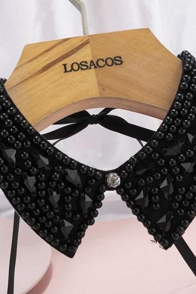 Rsslyn Black Collar for Blouses RSS16-352021 Detachable Black Collars with Pearls and Rhinestones