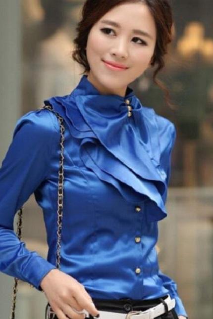 Rsslyn On Hand Royal Blue Blouses RSS1392021 Luxury Blue Silk Blouses for Women