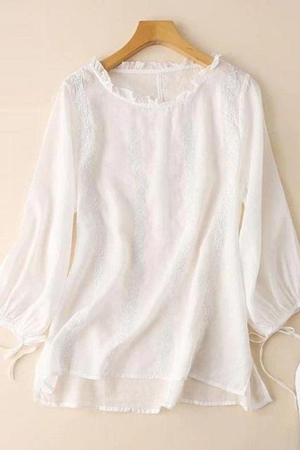Rsslyn Embroidery White Linen Blouses