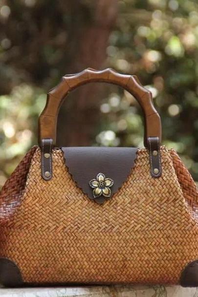 Rsslyn Vintage Wooden Handle Woven Handbag Straw Bags