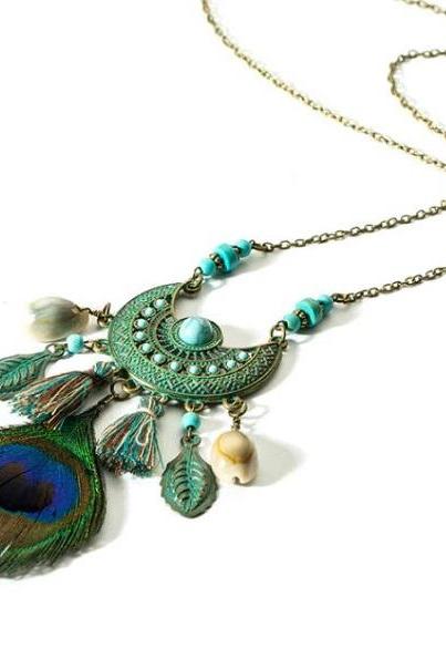 Rsslyn New Style Tassel Peacock Necklaces Feather Bohemian Long Necklace