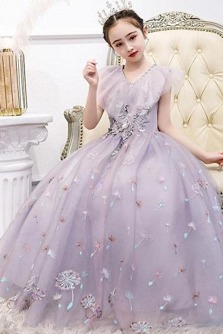 Rsslyn Embroidered Flowers Princess Dresses with Free Towering Tiara for Tween Girls Lavander Ballgown Dress