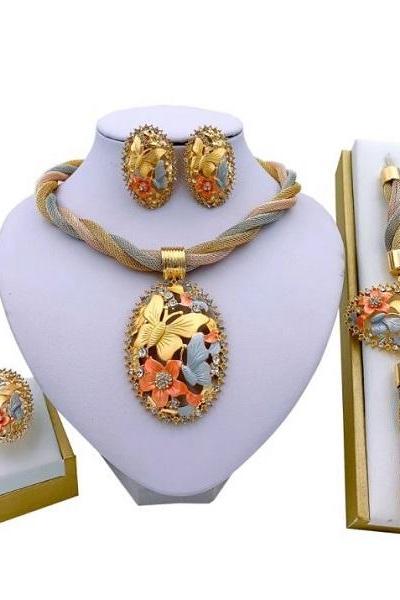 Rsslyn 4pcs/SET Nigerian Large Jewelries Choker Necklace Bracelet and Golden Earrings