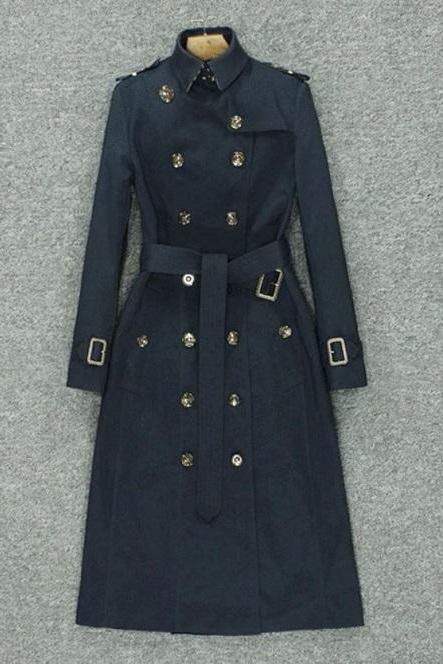 Rsslyn High-Graded Fashion European-American Navy Blue Plaid Trench Coats for Women