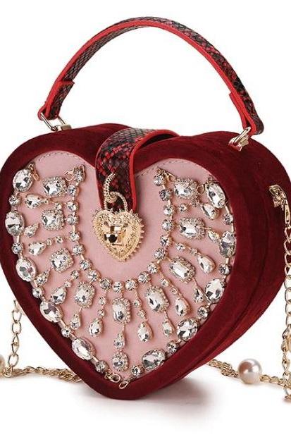 Rsslyn New Fashion Designer Red Evening Bags with Heart Crystals