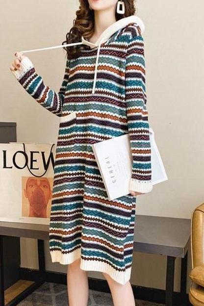 Rsslyn Colorful Knitted Raglan for Women Warm Dresses Stripe Hoodies for Fall and Winter