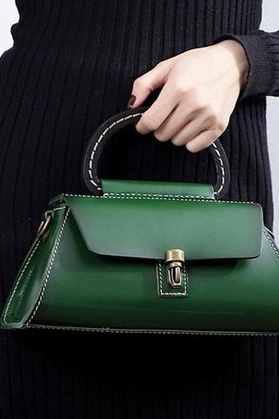 Rsslyn The New Style Green Bags-Solid Leather Handbags Trapezoid Shape
