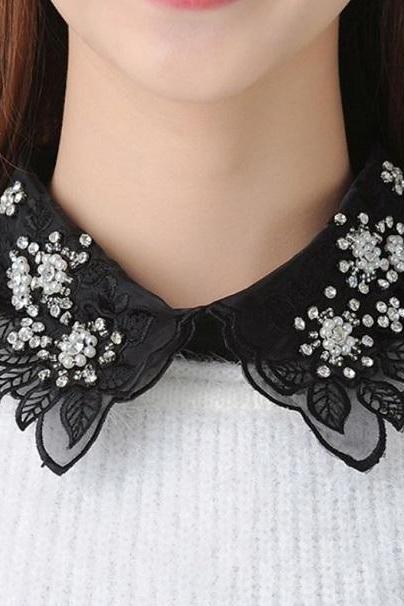Rsslyn Black Collar Detachable Fake Collar for Blouses Pearls and Rhinestone Decoration
