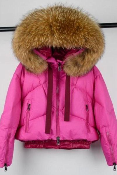 Rsslyn Ruched Bottom Dual Cotton Duck Down Lining Padded Winter Jackets with Fur Hood-Hotpink Cropped Jackets