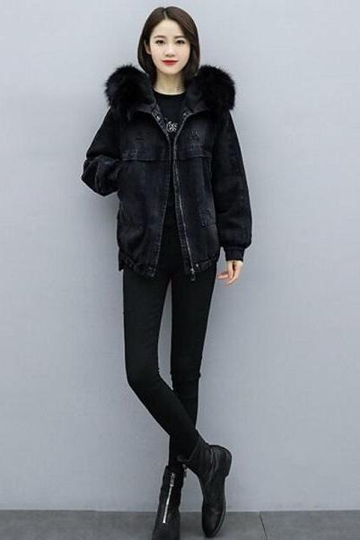Rsslyn Plus Sizes Clothes for Winter Black Denim Jacket Black Faux Fur Lining