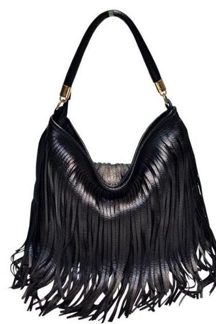Rsslyn New Fashion Fringe Bags Double-Sided Vintage Tassel Shoulder Bags-Black Tassels Bags for Women