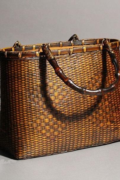 Rsslyn Handmade from Vietnam Straw Bags with Bamboo Handle-Retro Bamboo Woven Bag