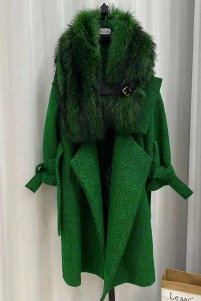 Rsslyn Fashion Green Tweed Overcoats for Luxury Lady Free CC Necklace and Brooches