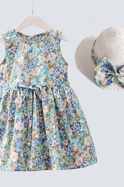 Rsslyn Fashion Blue Dress Matching Hat Baby Casual Dress Floral Dresses