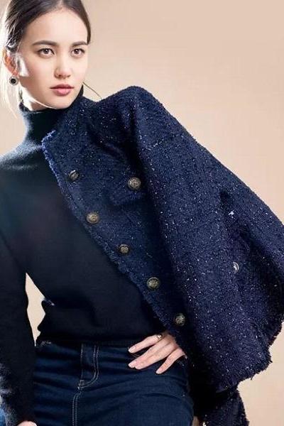 Rsslyn Turtleneck Blazers Luxury Tweed Fashion Jackets Navy Blue Blazers 