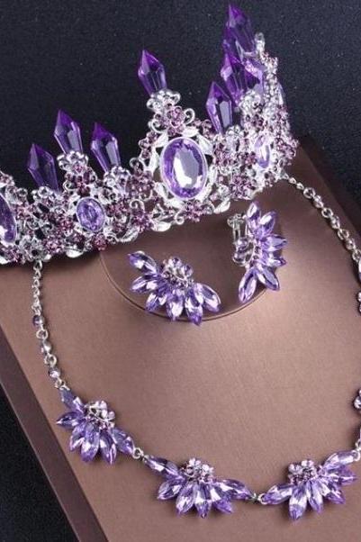 Rsslyn 3pcs/set Purple Tiara for Women with Purple Necklace and Earrings Purple Crown