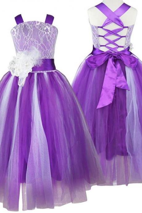 Satin Top PURPLE Dress-Floral Rose Gown TuTu Tulle Dress for Little Flower Girls-PURPLE Flower Pageant Party Dress