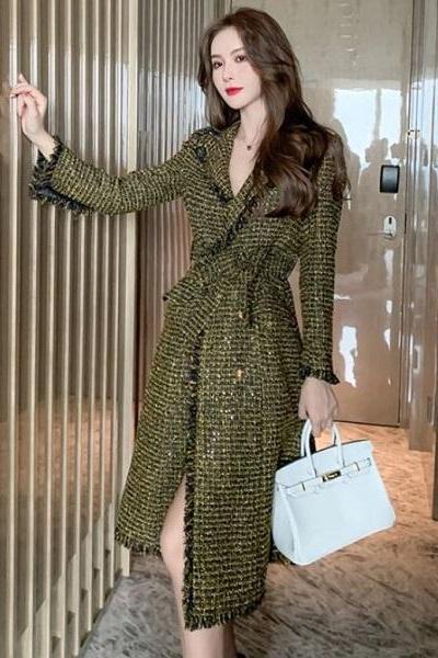 Rsslyn Slim Fit Coats New Tweed Fashion Coats Green Overcoats for Elegant Women