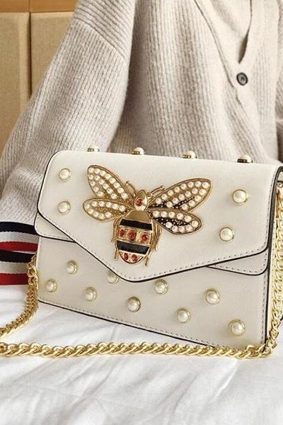 Rsslyn Small Shoulder Bags White Purse for Women with Bee Pattern