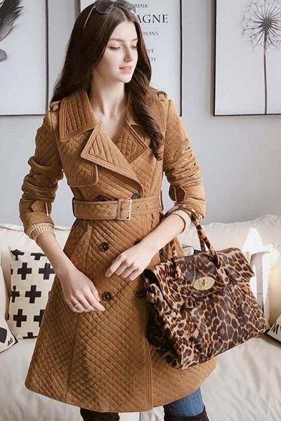 Rsslyn Quilted Winter Coats Brown Overcoats for Women Free CC Brooch for Women