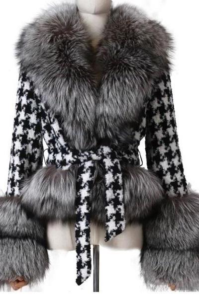 Rsslyn Elegant Jacket for Women Free CC Brooch Pin-Houndstooth Jacket with Fur
