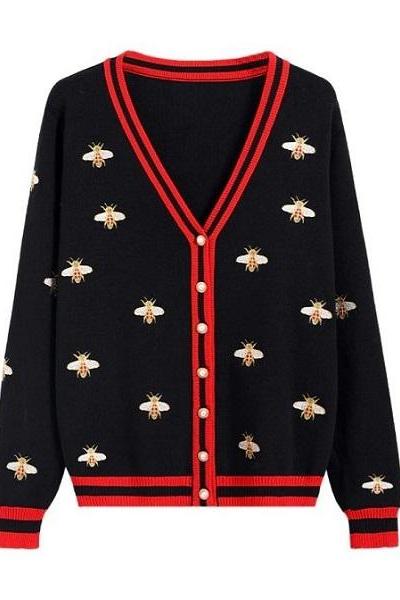 Rsslyn Button Up Embroidered Bees Black Cardigan