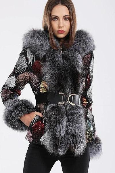 Rsslyn Real Fox Fur Luxury Coat for Luxury Woman FREE CC Brooch and Free CC Necklace Sequined Parka