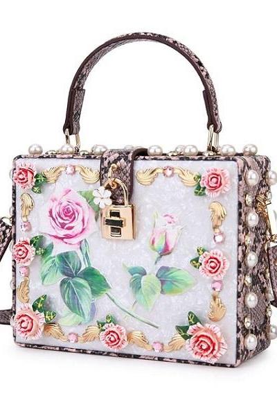 Rsslyn Elegant Bags with Rose Retro 3D Flowers and Diamonds Pink Fashion Bags