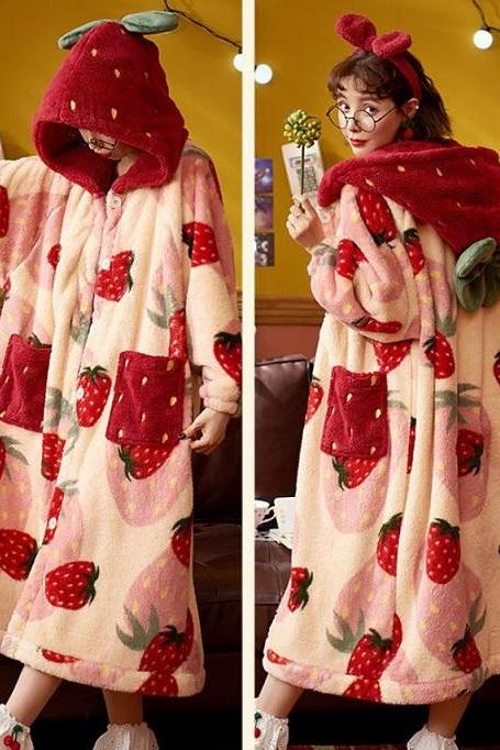 Rsslyn New Christmas Gift to Tween Girls Huge Strawberry Pajama Robe Winter Coats Soft and Warm Fleece