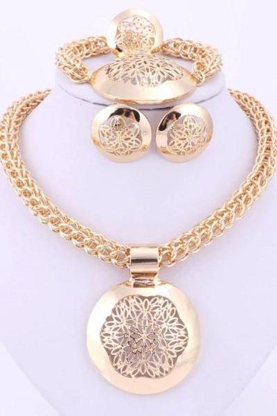 Rsslyn 4pcs/SET Golden Jewelry Set Mesh Chokers Earrings Golden Flower Bracelet Golden Rings for Women