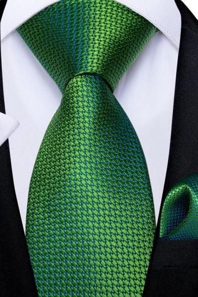 Rsslyn 3pcs/SET Men Silk Ties Green Necktie Set for Men-Necktie,Cufflinks,Handkerchief