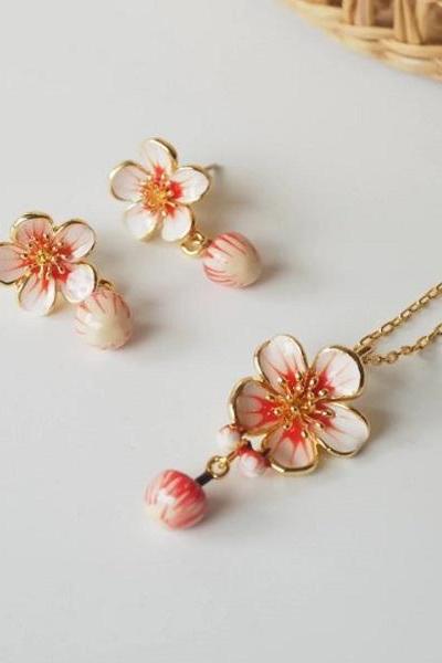 Rsslyn Peach Blossom Flower Jewelry Sets Coral Red Necklace and Flower Earrings