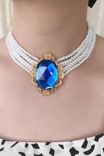 Rsslyn Vintage Royal Blue Chokers for Women 6 Layers Pearl Necklaces