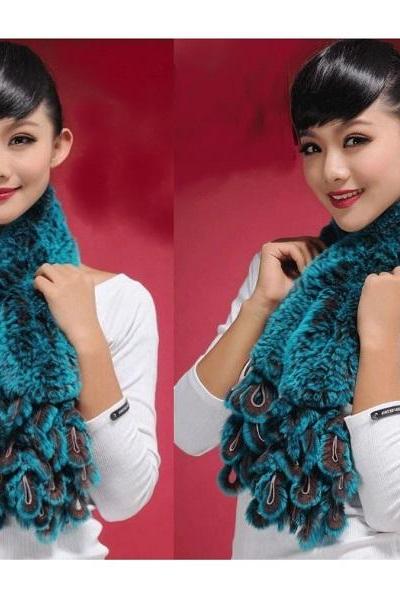 Rsslyn New Fashion Peacock Scarves Real Rabbit Fur Winter Scarf High Top Quality Scarfs