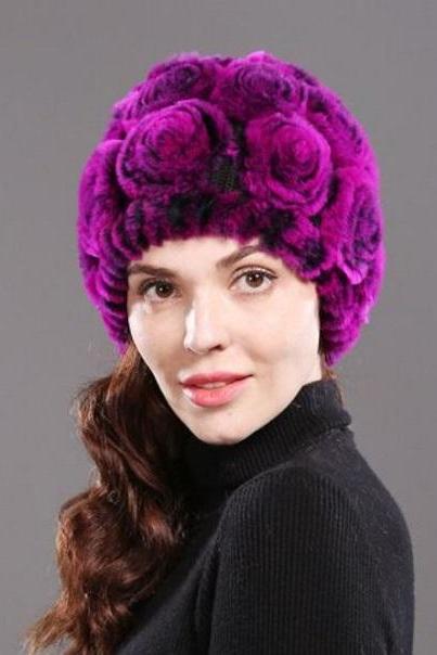 Rsslyn Luxury Rex Rabbit Fur Winter Hats Purple Magenta Color Rose Pattern 100% Genuine Rex Rabbit Fur Hats